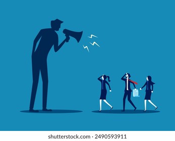 Negative critical thinking. Businessman holds a megaphone and scolds the employee