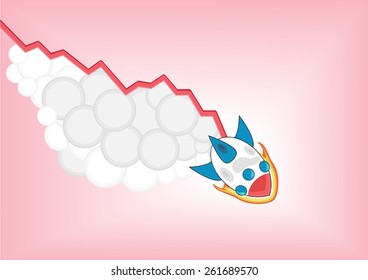 Negative decreasing growth chart with cartoon rocket falling down as infographic. Symbol for decline, failure, decrease, stock market, business challenges and issues.