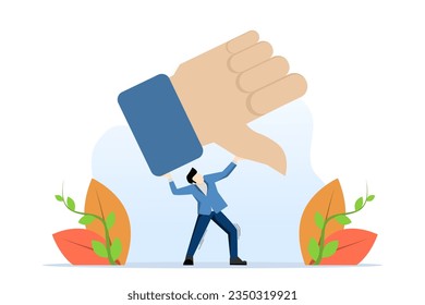 negative and dissatisfaction concept, customer complaint or bad reputation, disappointment by mistake or failure, bad performance, businessman trying to carry thumbs down symbol on his shoulder.