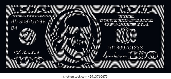 negative dollar banknote with skull