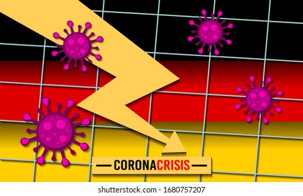 Negative economic trend with bacteria cells and German flag on background. Coronavirus financial crisis. Quarantine in USA, Europe, Asia. Covid-19 economic crash. 2020 financial crisis. 