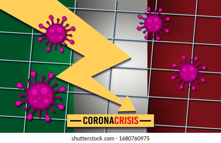 Negative economic trend with bacteria cells and Italy flag on background. Coronavirus financial crisis. Quarantine in USA, Europe, Asia. Covid-19 economic crash. 2020 financial crisis. 