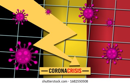 Negative economic trend with bacteria cells and flag of Belgium on background. Coronavirus financial crisis. Quarantine in USA, Europe, Asia. Covid-19 economic crash. 2020 financial crisis. 