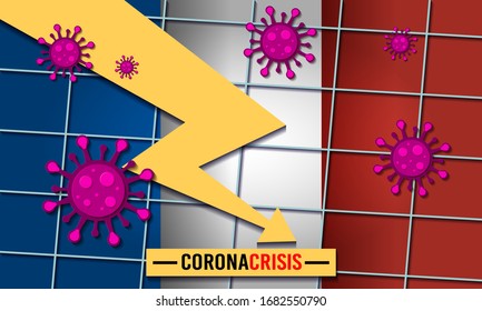 Tendencia económica negativa con células bacterianas y bandera de Francia en segundo plano. Crisis financiera del Coronavirus. Cuarentena en Estados Unidos, Europa, Asia. Choque económico del Covid-19. Crisis financiera de 2020. 