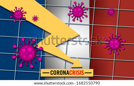 Negative economic trend with bacteria cells and flag of France on background. Coronavirus financial crisis. Quarantine in USA, Europe, Asia. Covid-19 economic crash. 2020 financial crisis. 