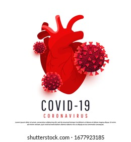 Die negative Wirkung von Coronavirus auf das menschliche Herz. 3D covid 19 Zellen infizieren ein menschliches Herz einzeln auf weißem Hintergrund. Vektorillustration.