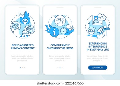 Negative effects of digital media blue onboarding mobile app screen. Walkthrough 3 steps editable graphic instructions with linear concepts. UI, UX, GUI template. Myriad Pro-Bold, Regular fonts used