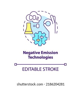 Negative emission technologies concept icon. Global net zero goal abstract idea thin line illustration. Isolated outline drawing. Editable stroke. Arial, Myriad Pro-Bold fonts used