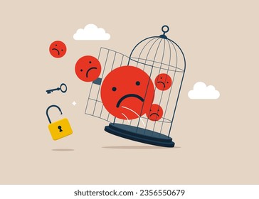 Los emoticonos negativos con llave se liberan de la jaula. Ilustración vectorial moderna en estilo plano 