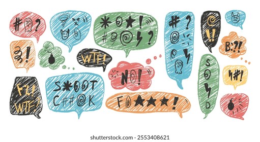 Negative emotion. Colorful speech bubbles with swear words. Curse crayon doodle text. Bad expression on chat dialog boxes. Aggressive swearwords isolated on white background. Vector illustration