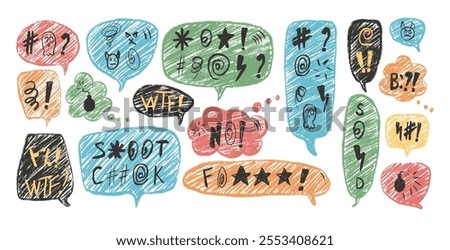 Negative emotion. Colorful speech bubbles with swear words. Curse crayon doodle text. Bad expression on chat dialog boxes. Aggressive swearwords isolated on white background. Vector illustration