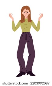 Negative emotion concept. Woman screaming and waving her arms, angry and feeling control problems. Bad mood, feelings and expression. Failure at work and irritation. Cartoon flat vector illustration