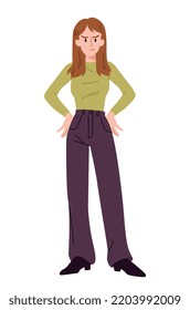 Negative emotion concept. Woman stands and looks evil. Poor anger management, mental health and psychology. Angry character. Bad feelings, mood and expression. Cartoon flat vector illustration