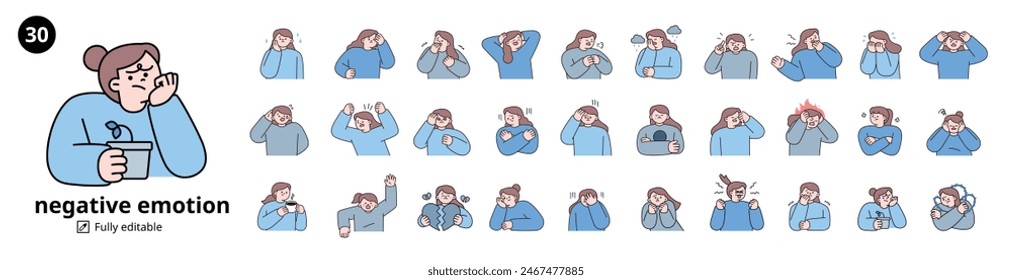 Negative emotion expression mega set. women upper body character. outline vector illustration.