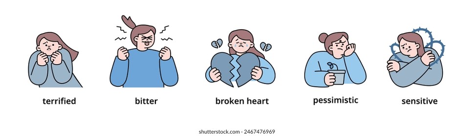 Conjunto de expresión emocional negativa-1. Carácter de cuerpo superior de la mujer. Ilustración vectorial de contorno.