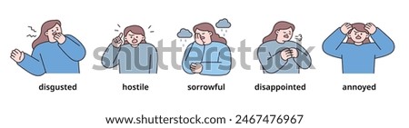 Negative emotion expression set-3. women upper body character. outline vector illustration.
