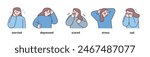 Negative emotion expression set-6. women upper body character. outline vector illustration.