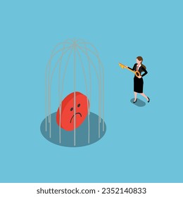 Negative emotion is locked in a large cage isometric 3d vector concept for banner, website, illustration, landing page, etc
