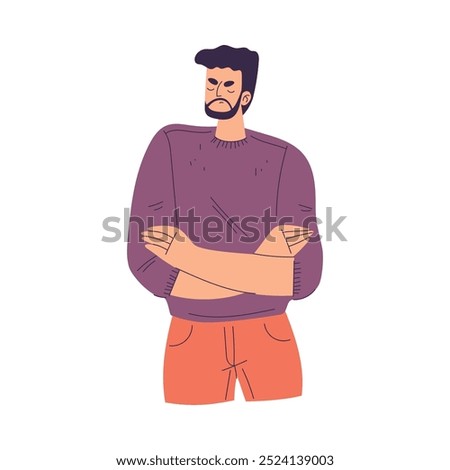 Negative Emotion with Man Character with Folded Arms Express Feeling Vector Illustration