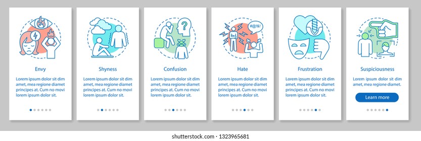 Negative emotion onboarding mobile app page screen vector template. Aggression feeling. Lack of confidence. Walkthrough website steps with linear illustrations. UX, UI, GUI smartphone interface 