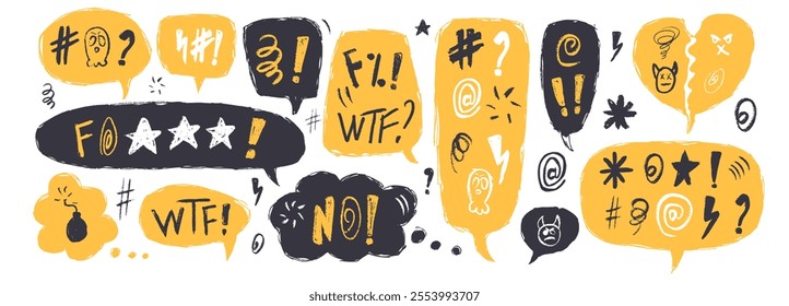 Negative emotion. Speech bubbles with swear words. Curse crayon doodle text. Bad expression on chat dialog boxes. Aggressive swearwords isolated on white background. Vector hand drawn illustration