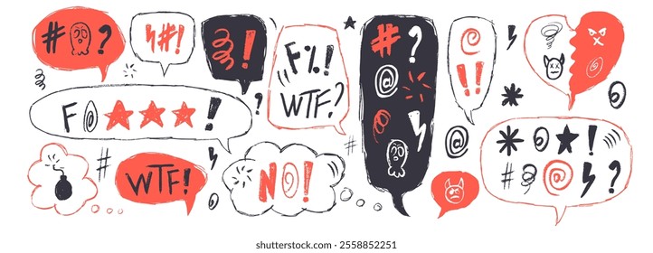 Negative emotion. Speech bubbles with swear words. Curse comic crayon doodle text. Bad expression on chat dialog boxes. Aggressive rude swearwords isolated on white background. Vector illustration