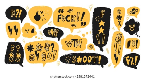 Negative emotion. Speech bubbles with swear words. Curse crayon doodle text. Bad expression on chat dialog boxes. Aggressive swearwords isolated on white background. Vector hand drawn illustration.