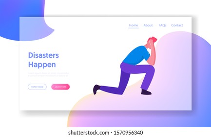 Negative Emotion, Stress Website Landing Page. Young Frustrated Businessman Standing on Knees Holding Head with Hands Feeling Frustration and Shock Web Page Banner. Cartoon Flat Vector Illustration