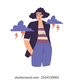 Emoção Negativa com Personagem de Mulher com Nuvem e Relâmpago Expresso Sentindo Ilustração Vetor