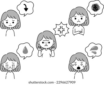 Negative emotional expression illustration of a woman with a speech bubble Monochrome