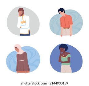 Negative emotions 2D vector isolated illustrations set. Emotional state flat characters on cartoon background. Feeling down colourful scenes collection for mobile, website, presentation