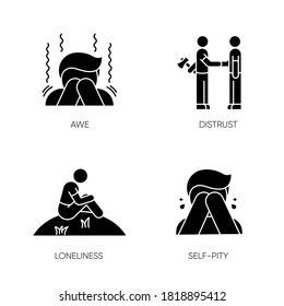 Negative emotions and bad feelings black glyph icons set on white space. Human behaviour, psychological states silhouette symbols. Distrust, loneliness, awe and self pity. Vector isolated illustration