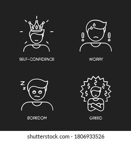 Negative emotions and bad feelings chalk white icons set on black background. Human behaviour, psychological states. Distrust, loneliness, awe and self pity. Isolated vector chalkboard illustrations