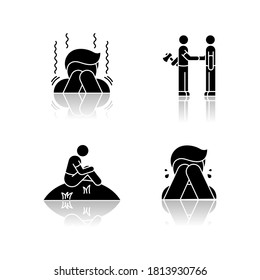 Negative emotions and bad feelings drop shadow black glyph icons set. Human behaviour, psychological states. Distrust, loneliness, awe and self pity. Isolated vector illustrations on white space