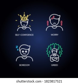 Negative emotions and bad feelings neon light icons set. Human psychological states signs with outer glowing effect. Distrust, loneliness, awe and self pity. Vector isolated RGB color illustrations