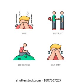 Negative emotions and bad feelings RGB color icons set. Human behaviour, psychological states. Distrust, loneliness, awe and self pity. Isolated vector illustrations