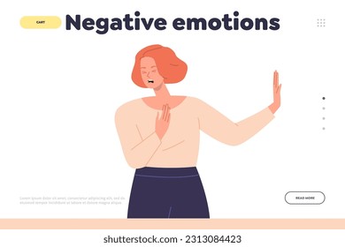Negative emotions concept for landing page design template with expressive woman gesturing refuse