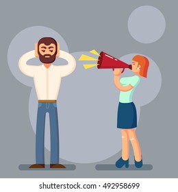 Negative Emotions Concept. People In Fight. Husband And Wife Arguing And Yelling On Each Other. Expressive And Emotional Couple Having Argument. Vector Illustration Eps10