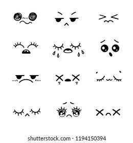 Negative emotions or hand drawn illustration emoji faces expressions. Vector cartoon style comic sketch icons set
