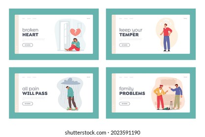 Negative Emotions Landing Page Template Set. Depression, Broken Heart, Anger and Family Quarrel. Bad Feelings, Sorrow. Man Walk under Rainy Cloud, Heartbroken Woman, Fight. Cartoon Vector Illustration