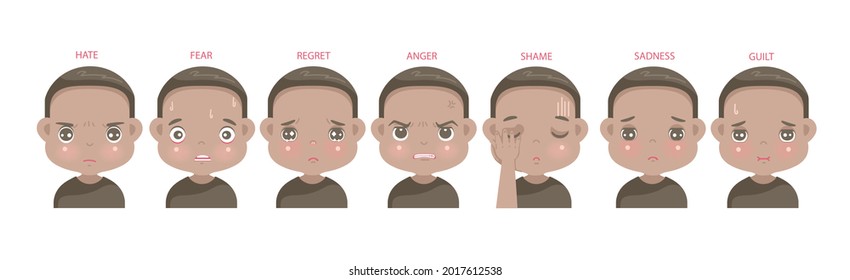 negative emotions set of african little boy face. child expressing hate, fear, regret, anger, shame, sadness and guilt.