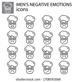 negative emotions set vector boy, man linear icon. Negative facial expression emoticon vector sign, symbol black on white background