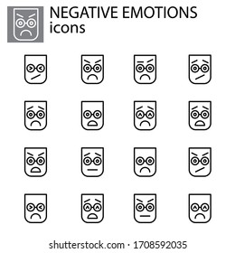 negative emotions set vector linear icon. Negative facial expression emoticon vector sign, symbol black on white background