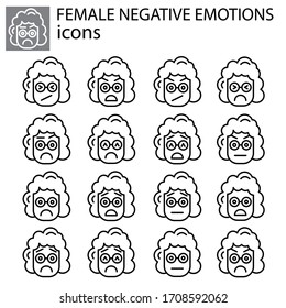 negative emotions set vector linear female, girl icon. Negative facial expression emoticon vector sign, symbol black on white background