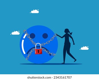Negative emotions. woman standing with negative thoughts icon blocked with padlock 