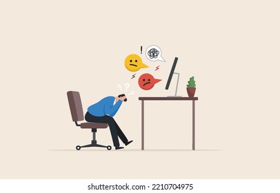 Negative Emotions in the Workplace.  Employees feelings. protect yourself emotionally at work. 
 social media anxiety. Toxic at work. businessman holding his head sitting alone on the chair.