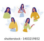 Negative Emotions of Young Woman Set Isolated on White Background. Crying, Sleepy, Stomach Pain, Acne on Face Skin, Angry, Frustrated, Anxious Girl Emoji Collection Cartoon Flat Vector Illustration