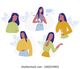 Negative Emotions of Young Woman Set Isolated on White Background. Crying, Sleepy, Stomach Pain, Acne on Face Skin, Angry, Frustrated, Anxious Girl Emoji Collection Cartoon Flat Vector Illustration