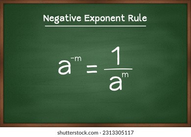 Negative exponent rule formula. Algebra math formula on green chalkboard vector