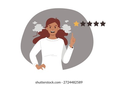 Comentarios negativo y mala crítica de la mujer enojada que dio una estrella después de un mal servicio. Comprador o usuario irritado se pone nervioso y deja Comentarios que estropea la calificación de la empresa en Internet